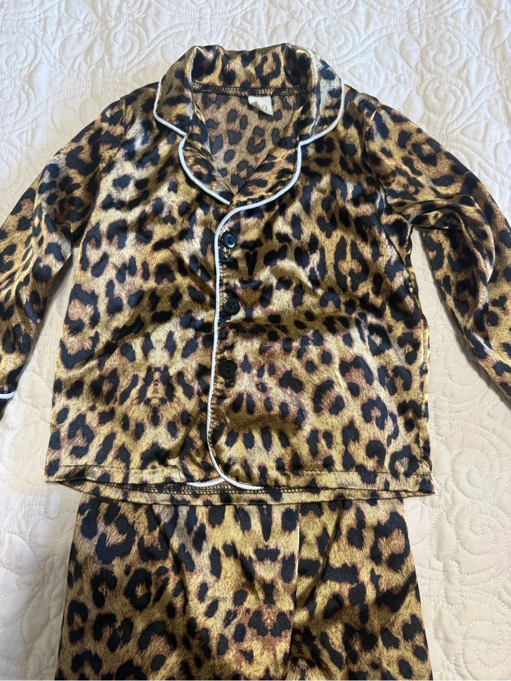 Girls cheetah leopard print satin pajamas in 3T two piece set